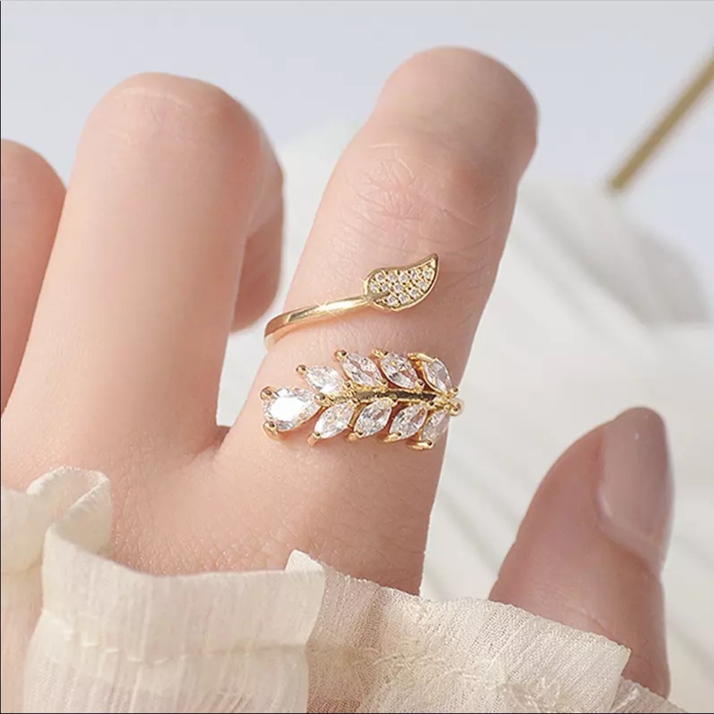 14K Gold Plated Diamond Leaf Ring